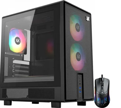 Gabinete XYZ Atom Black 3x120mm ARGB Fans Mesh Black USB-C Vidrio Templado + Mouse Glorious Model O 2 Mini Matte 26K DPI