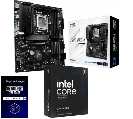 Kit Mother ASRock Z890 PRO-A + Procesador Intel Core Ultra 7 265KF 5.5GHz Turbo Socket 1851