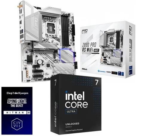 Kit Mother ASRock Z890 PRO RS WiFi White + Procesador Intel Core Ultra 7 265KF 5.5GHz Turbo Socket 1851