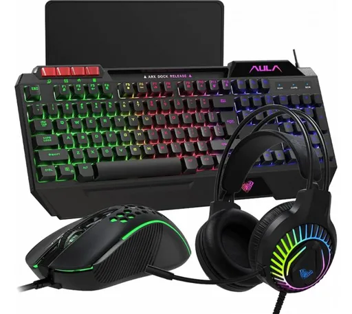 Combo 4 en 1 AULA Teclado + Mouse + Auriculares + Mousepad RGB
