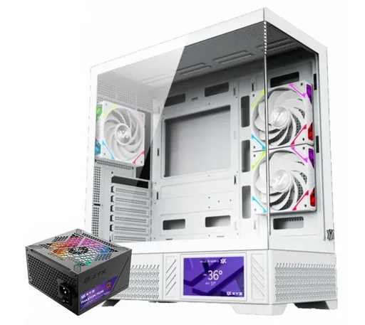 Combo XYZ Gabinete Aurorax 100 PRO White 3x Fans ARGB LCD Display USB-C + Fuente 750W 80 Plus Bronze ARGB Phantom